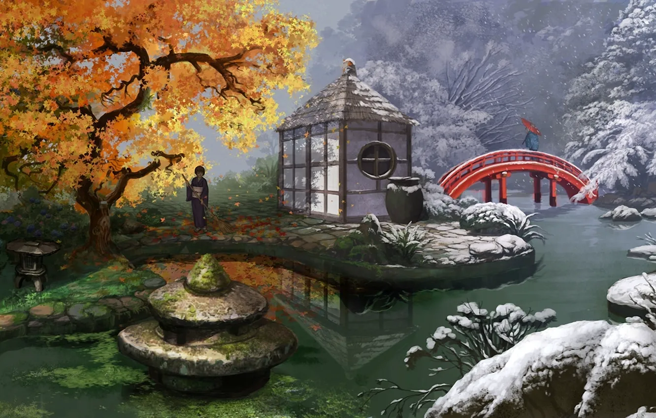 Photo wallpaper winter, autumn, leaves, snow, flowers, bridge, pond, girls