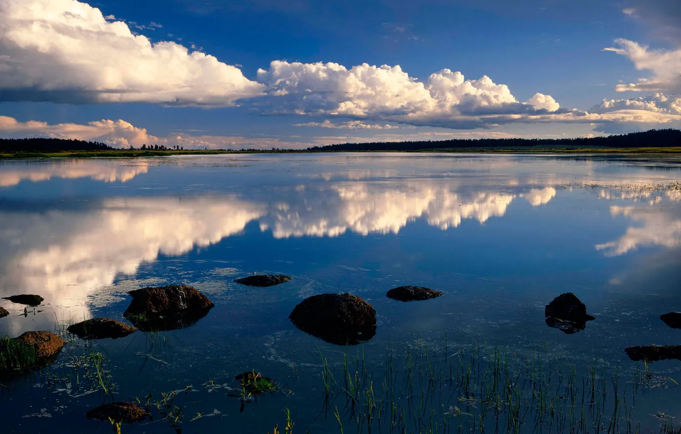 Photo wallpaper The sky, Water, Nature, Clouds, Reflection, Photo, Grass, Lake
