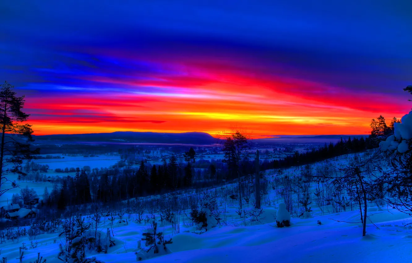 Photo wallpaper winter, the sky, clouds, snow, trees, slope, glow