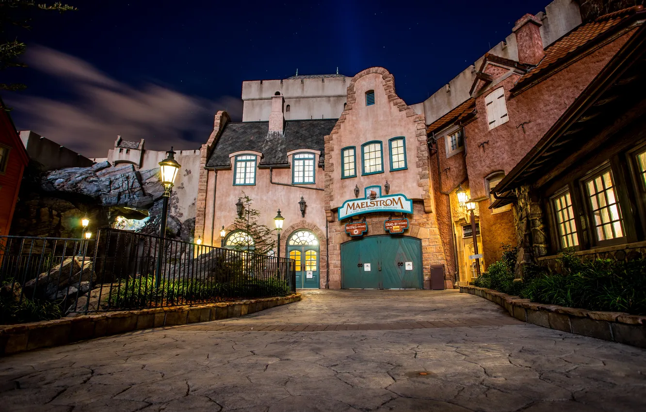 Photo wallpaper night, design, lights, Park, building, fence, gate, lights