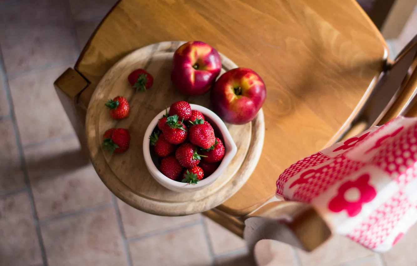 Photo wallpaper berries, Board, towel, strawberry, chair, bowl, fruit, niktorin