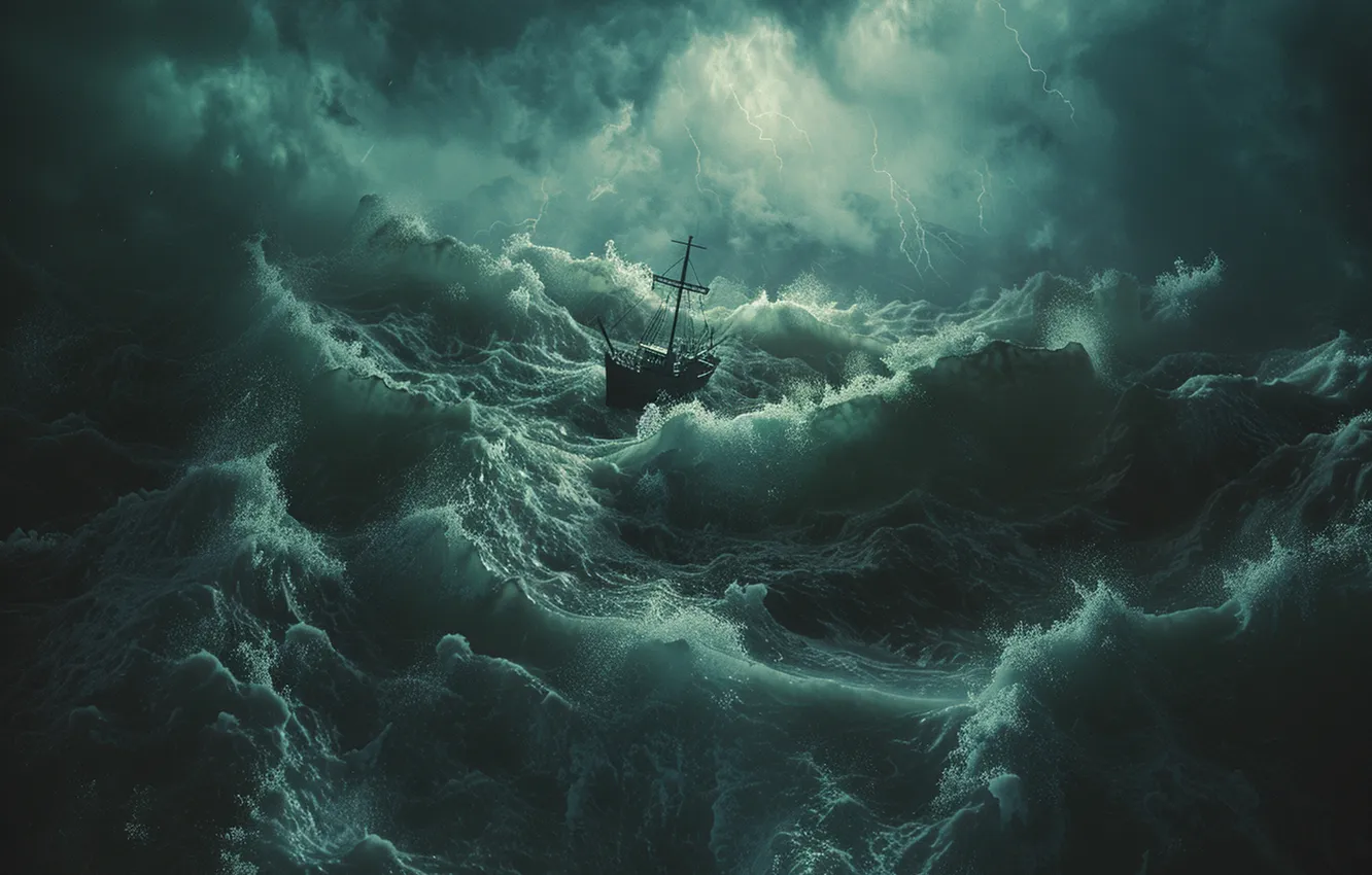 Photo wallpaper sea, wave, clouds, lightning, ship, digital art, AI art, The Art of Artificial Intelligence