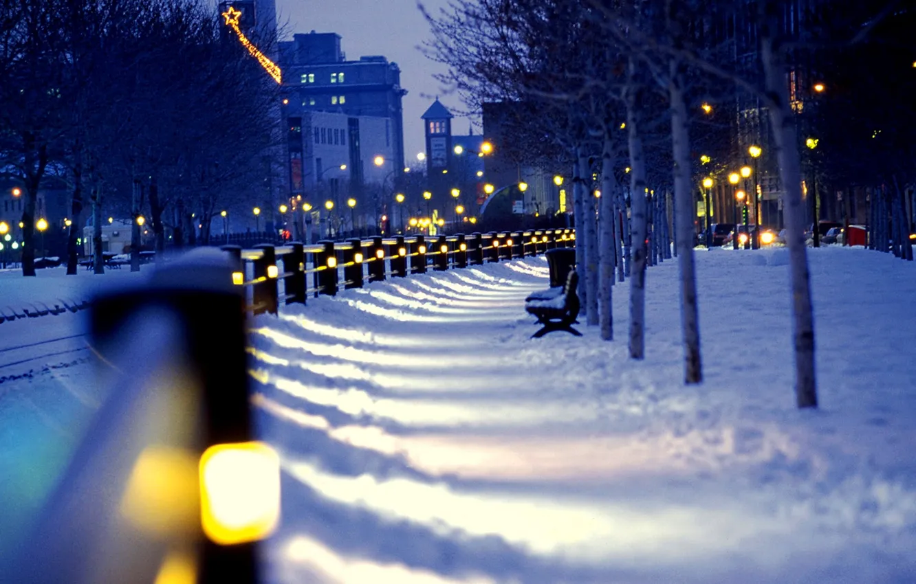 Photo wallpaper winter, snow, night, city, the city, lights, street, lights