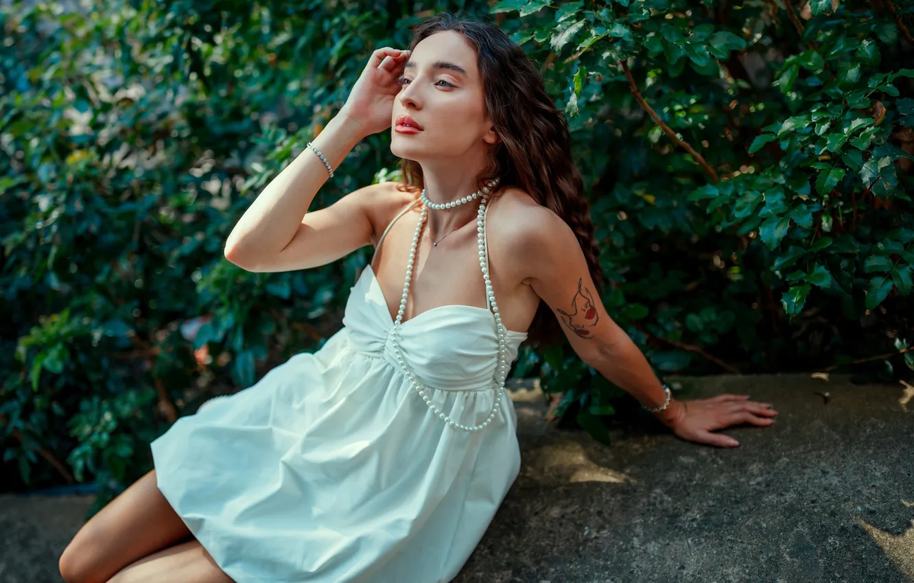 Photo wallpaper girl, pose, hands, tattoo, beads, long hair, sundress, Acts Novels