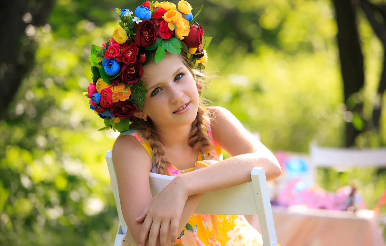 Photo wallpaper summer, flowers, chair, girl, braid, back, wreath