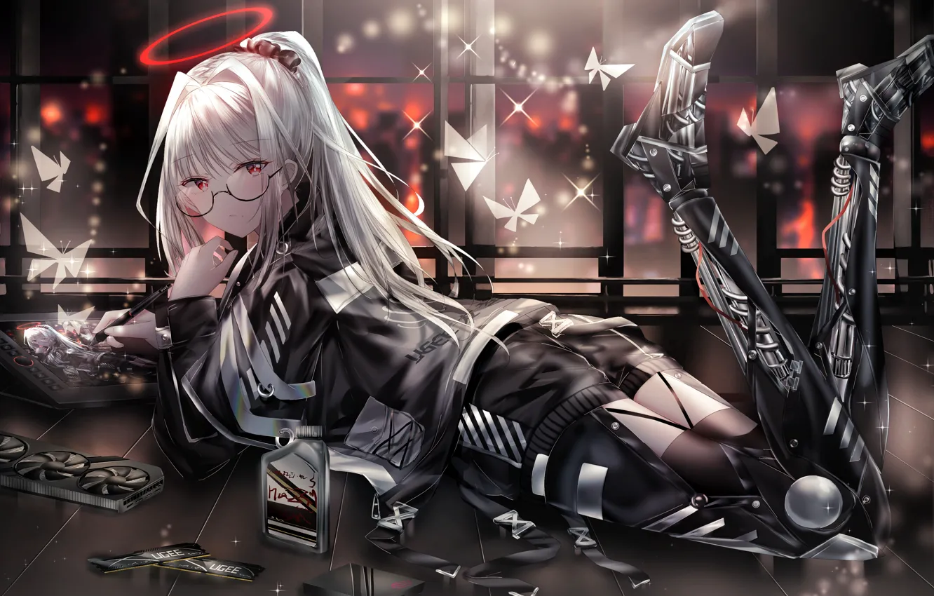 Photo wallpaper girl, butterfly, figure, art, glasses, handle, lies, tablet