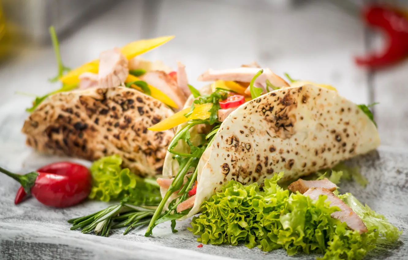 Photo wallpaper food, chicken, vegetables, Mexican, pellet, fillet, tortillas