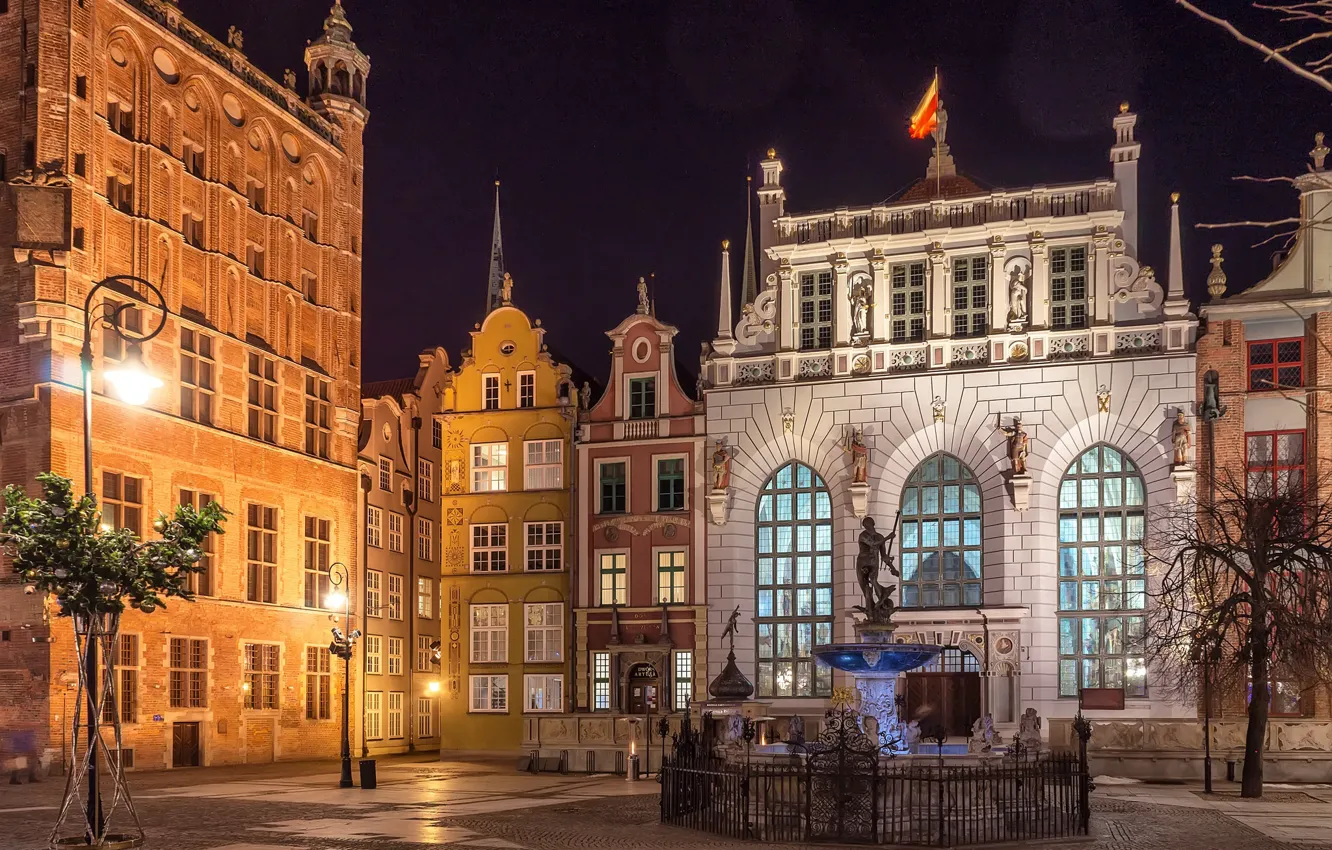 Photo wallpaper lights, Poland, Gdansk, The Fountain Of Neptune, The Artus Court