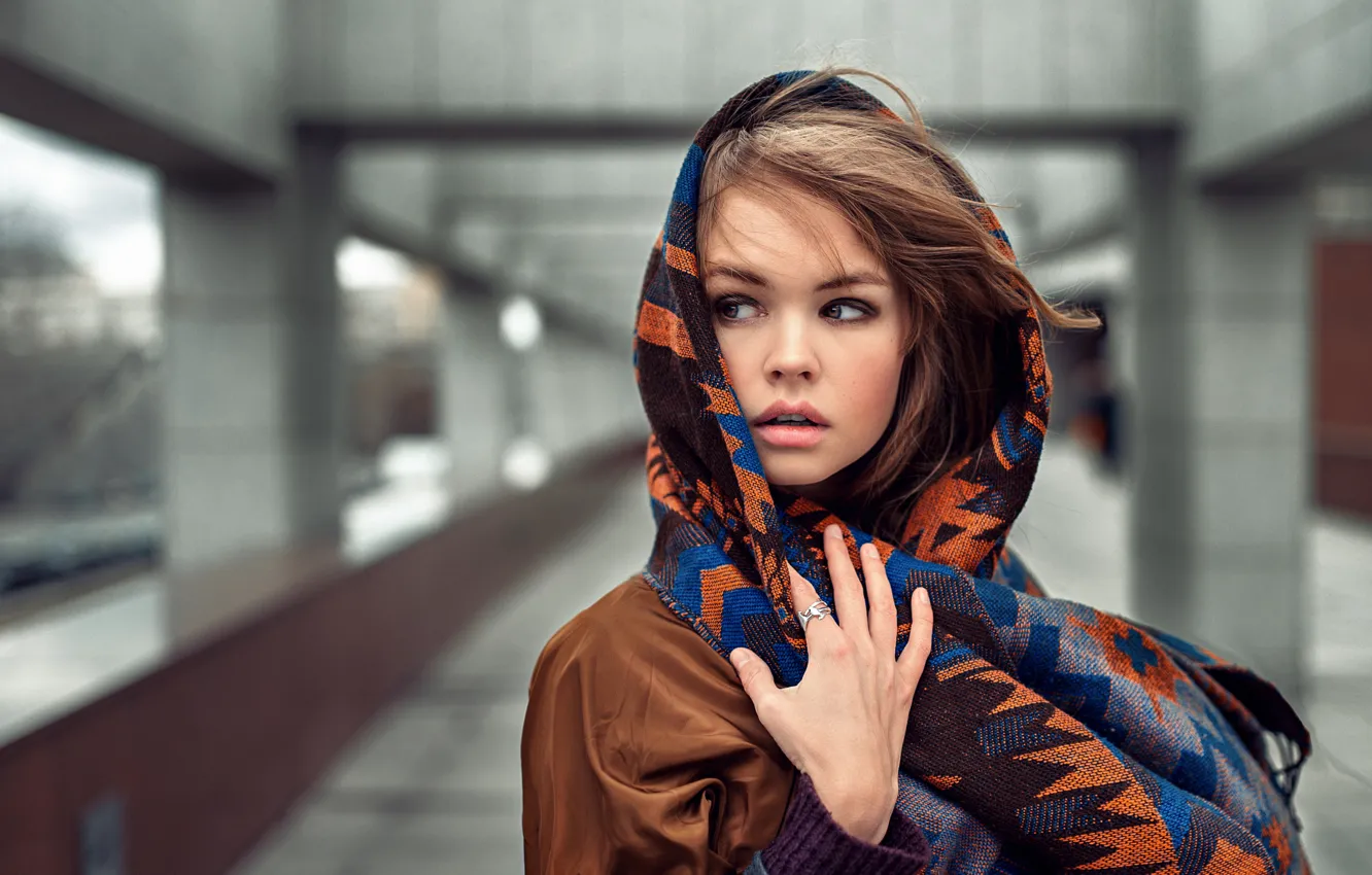 Photo wallpaper look, girl, brown hair, cloak, shawl, George Chernyadev