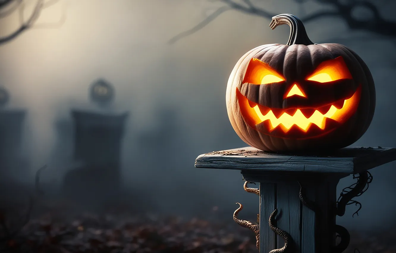 Photo wallpaper autumn, night, branches, fog, cemetery, pumpkin, Halloween, haze