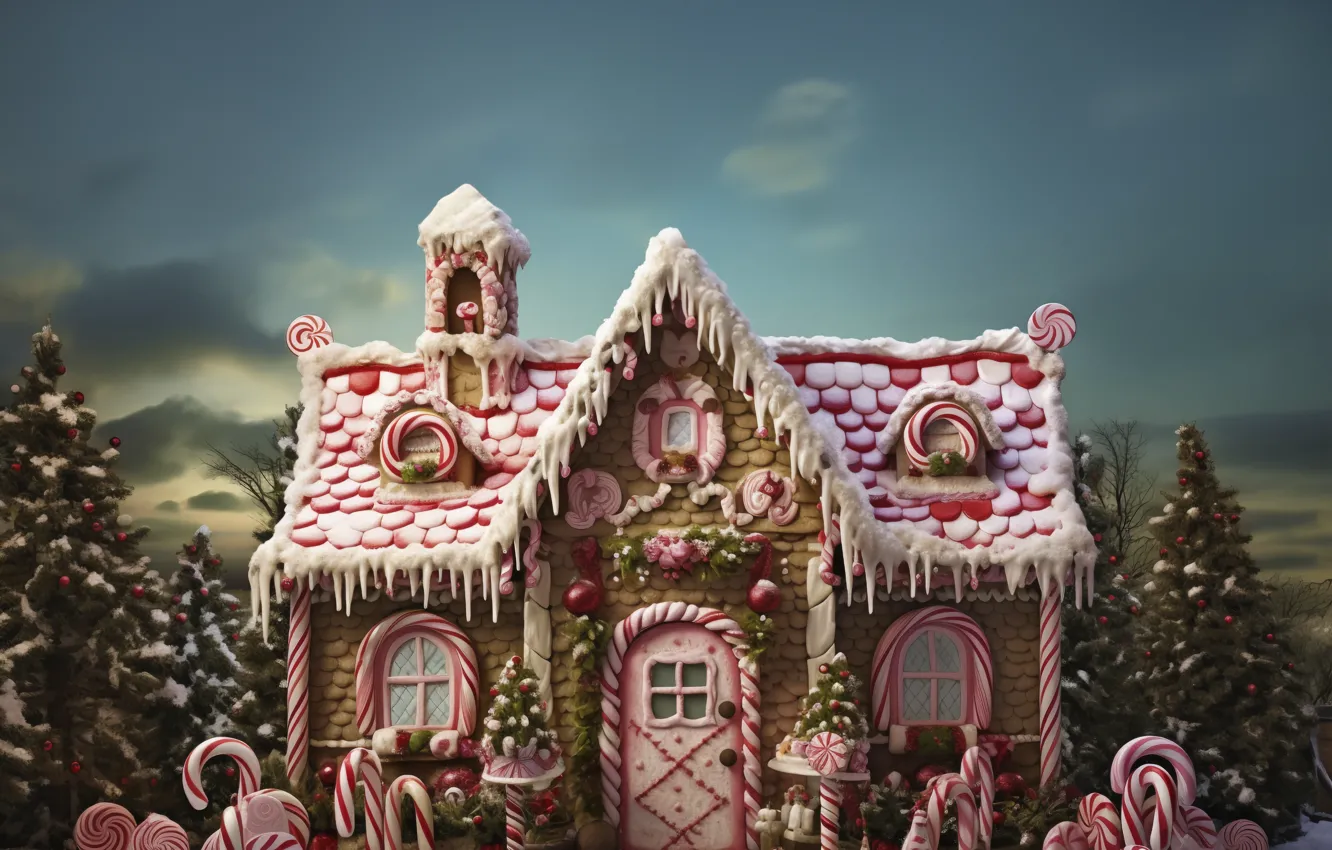 Photo wallpaper roof, forest, the sky, snow, landscape, new year, tale, icicles