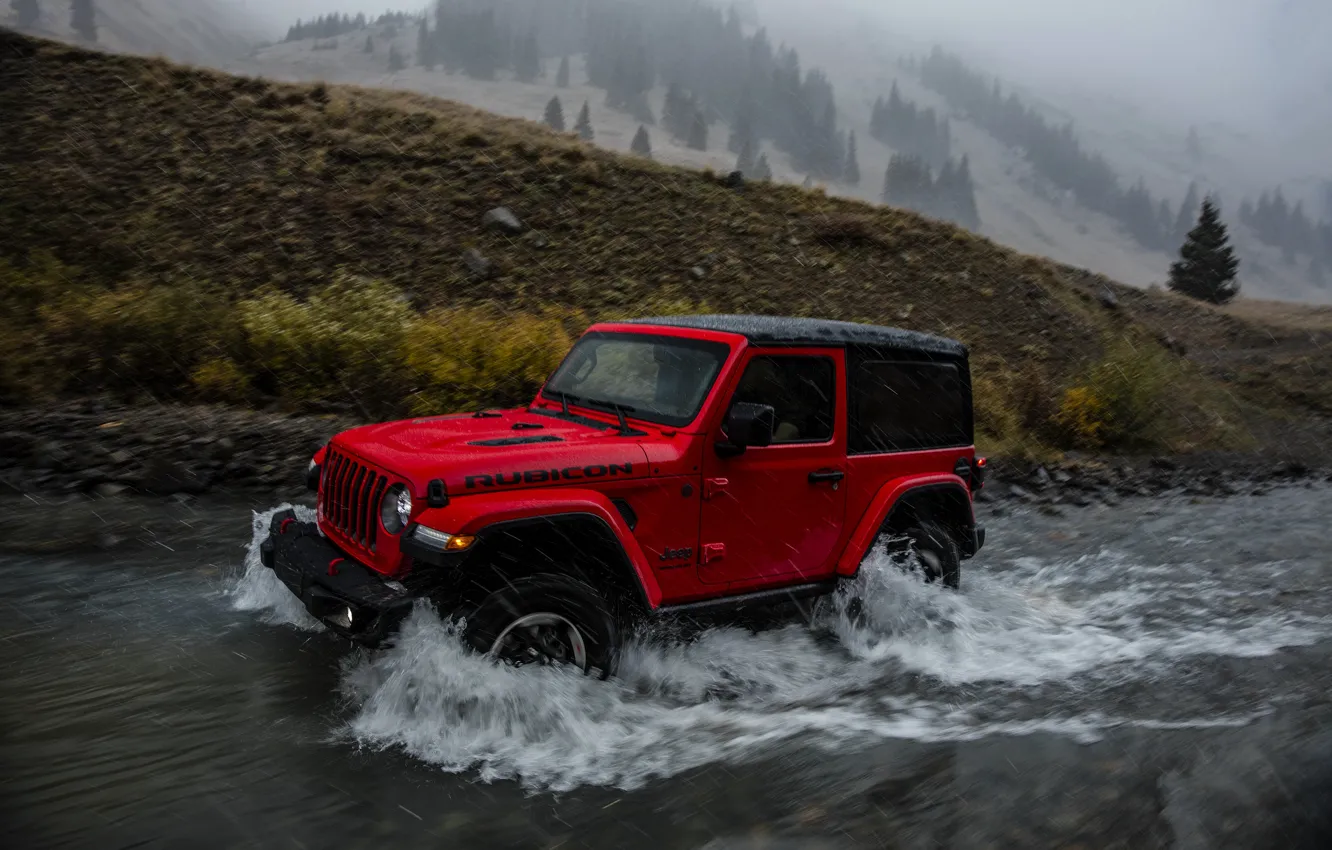 Photo wallpaper wave, red, stream, rain, 2018, Jeep, Wrangler Rubicon