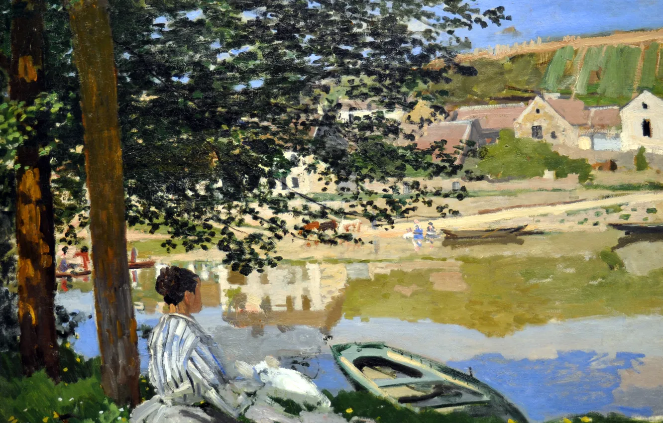 Photo wallpaper girl, landscape, boat, picture, Claude Monet, The Seine at Bennecourt