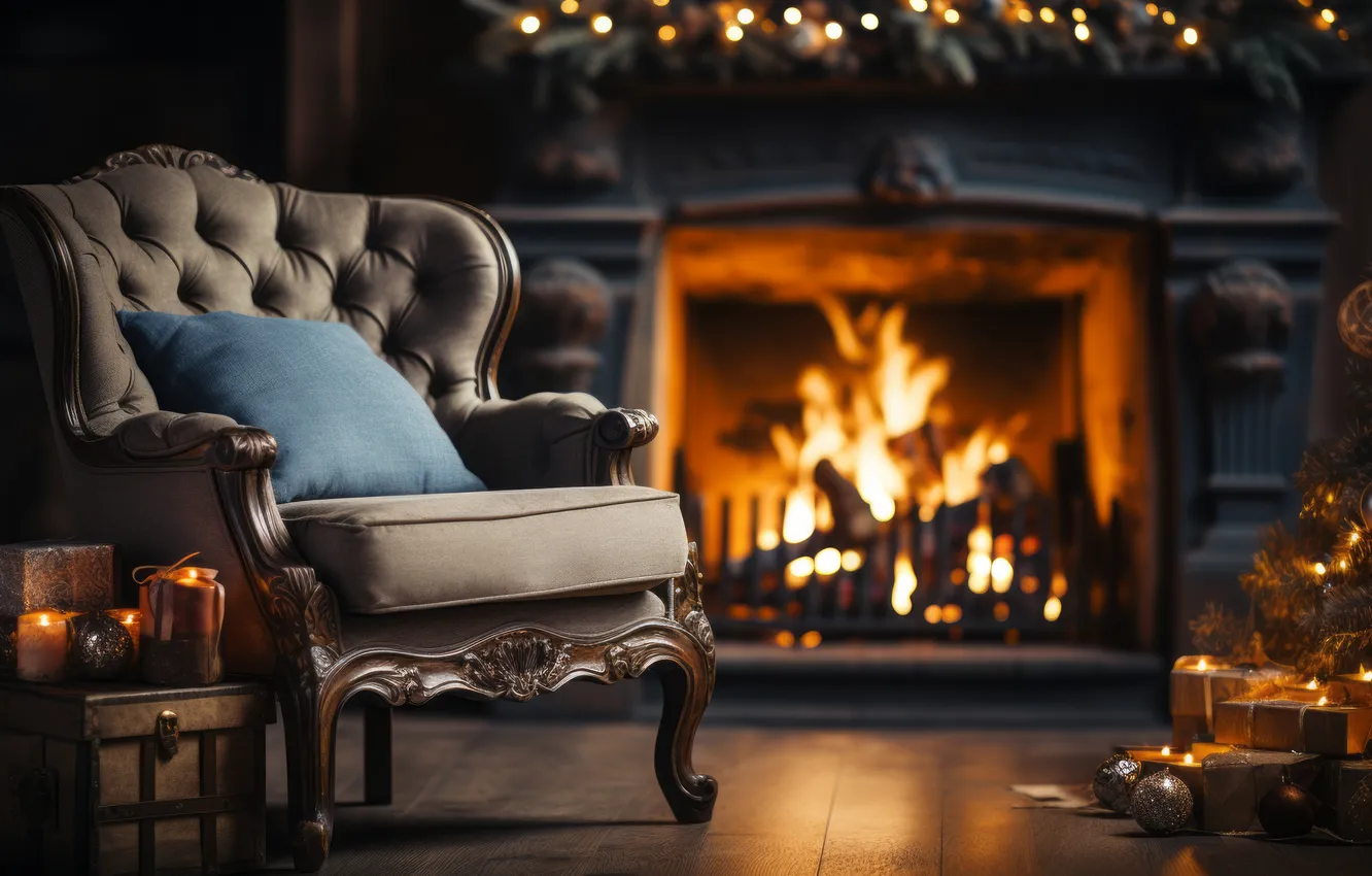 Photo wallpaper room, new year, interior, chair, Christmas, fireplace, Christmas, view
