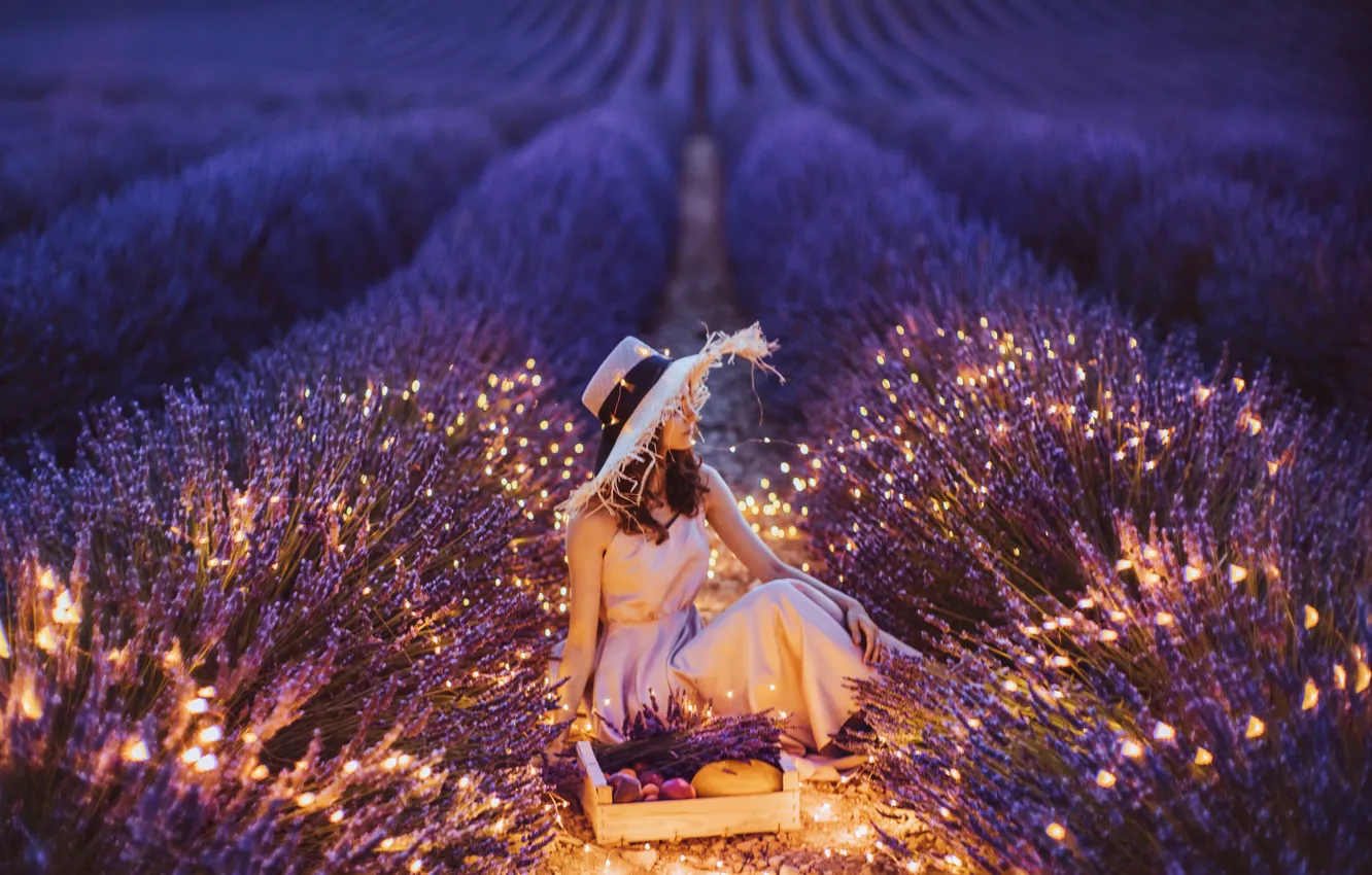 Photo wallpaper field, girl, pose, hat, lights, lavender, Kristina Makeeva