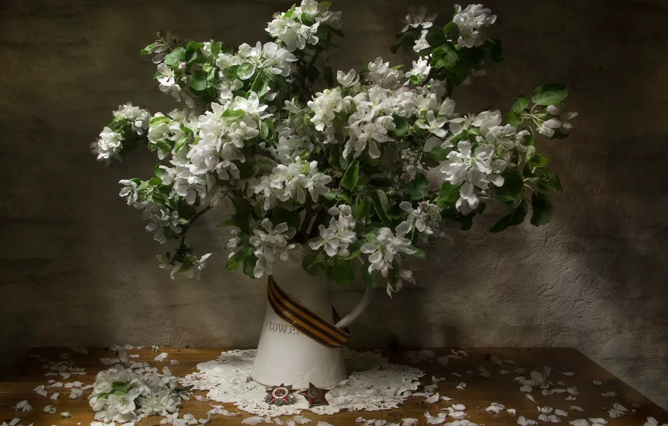 Photo wallpaper flowers, branches, table, bouquet, spring, petals, may, St. George ribbon