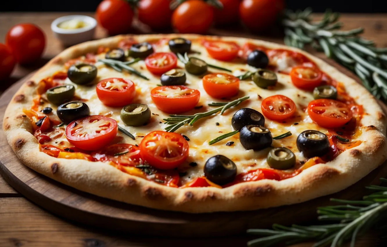 Photo wallpaper pizza, tomatoes, olives, cakes, spices