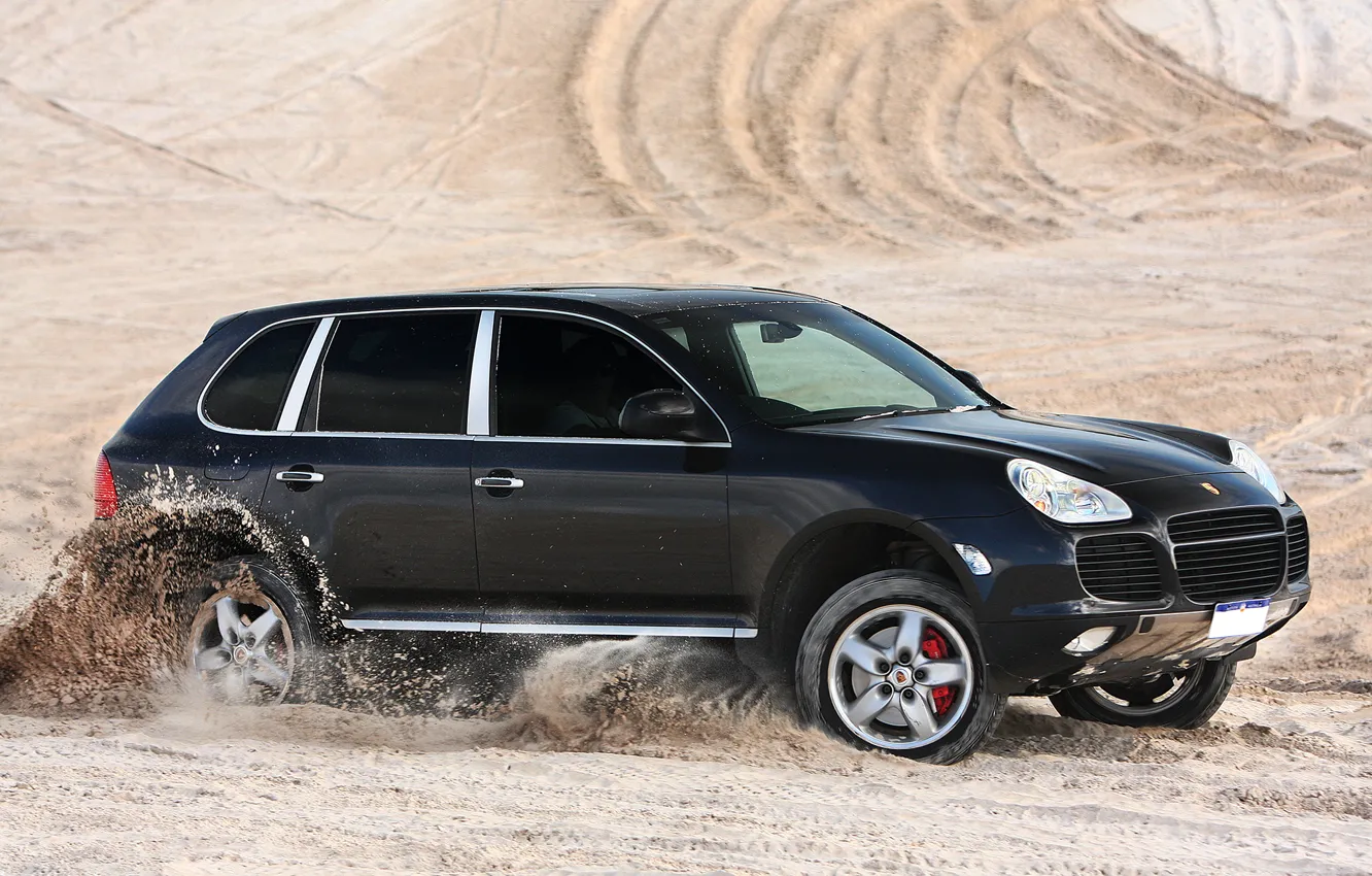 Photo wallpaper Porsche, black, desert, speed, sand, Turbo, Cayenne