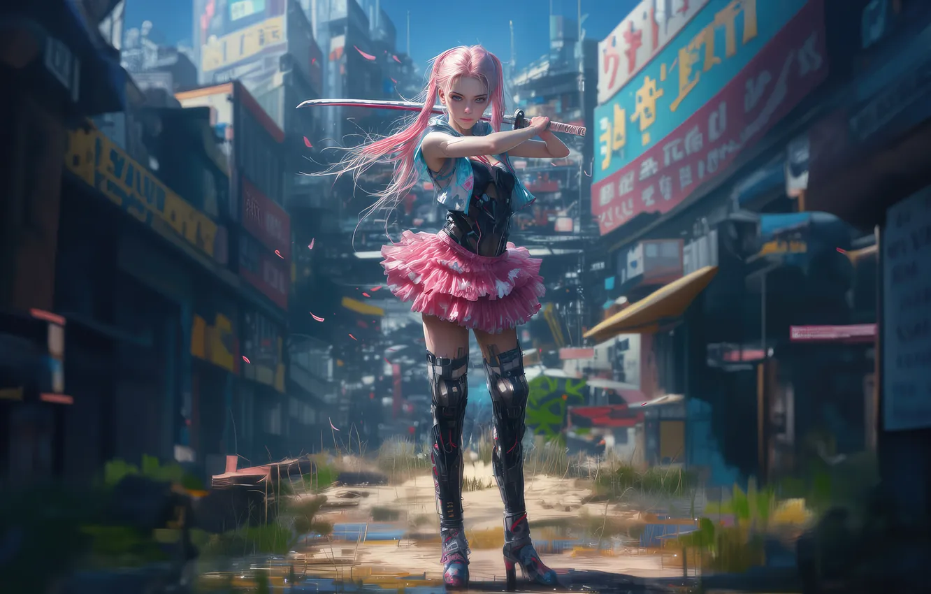 Photo wallpaper girl, samurai, alley, claiming