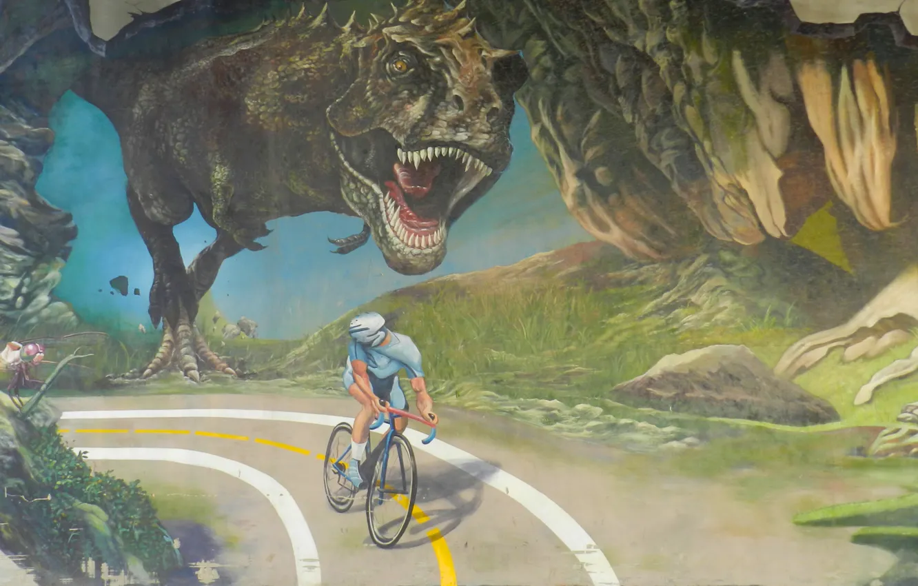 Photo wallpaper road, dinosaur, chase, cyclist, Tyrannosaurus