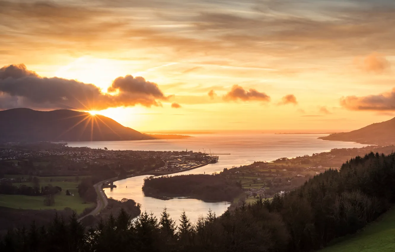Photo wallpaper forest, sunset, river, dawn, pond