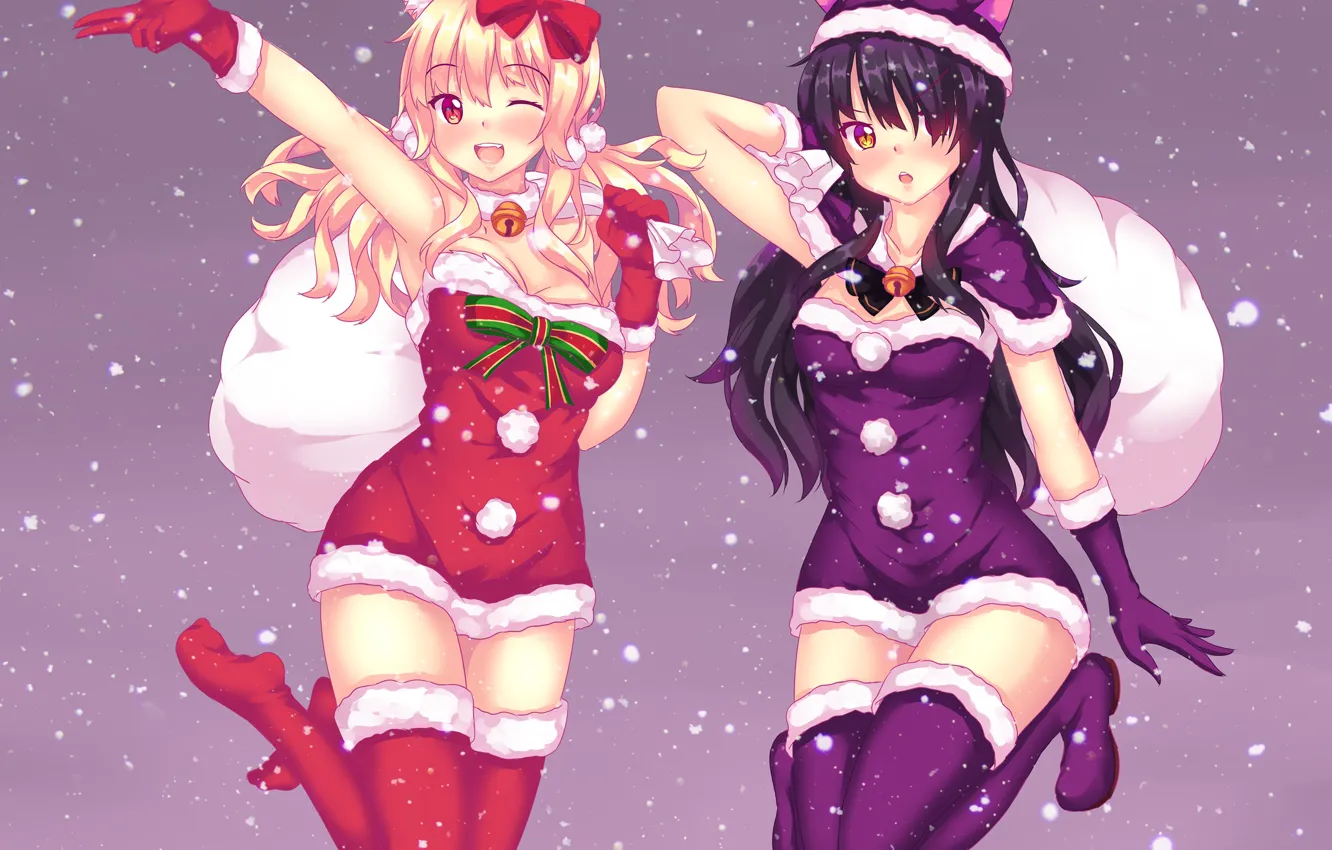Photo wallpaper snow, girls, gifts, bag, neko, bell, ears, anime