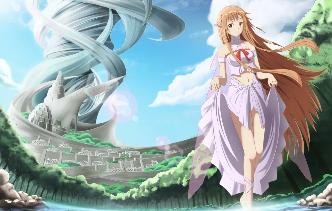 Photo wallpaper look, girl, landscape, the city, smile, elf, art, sword art online