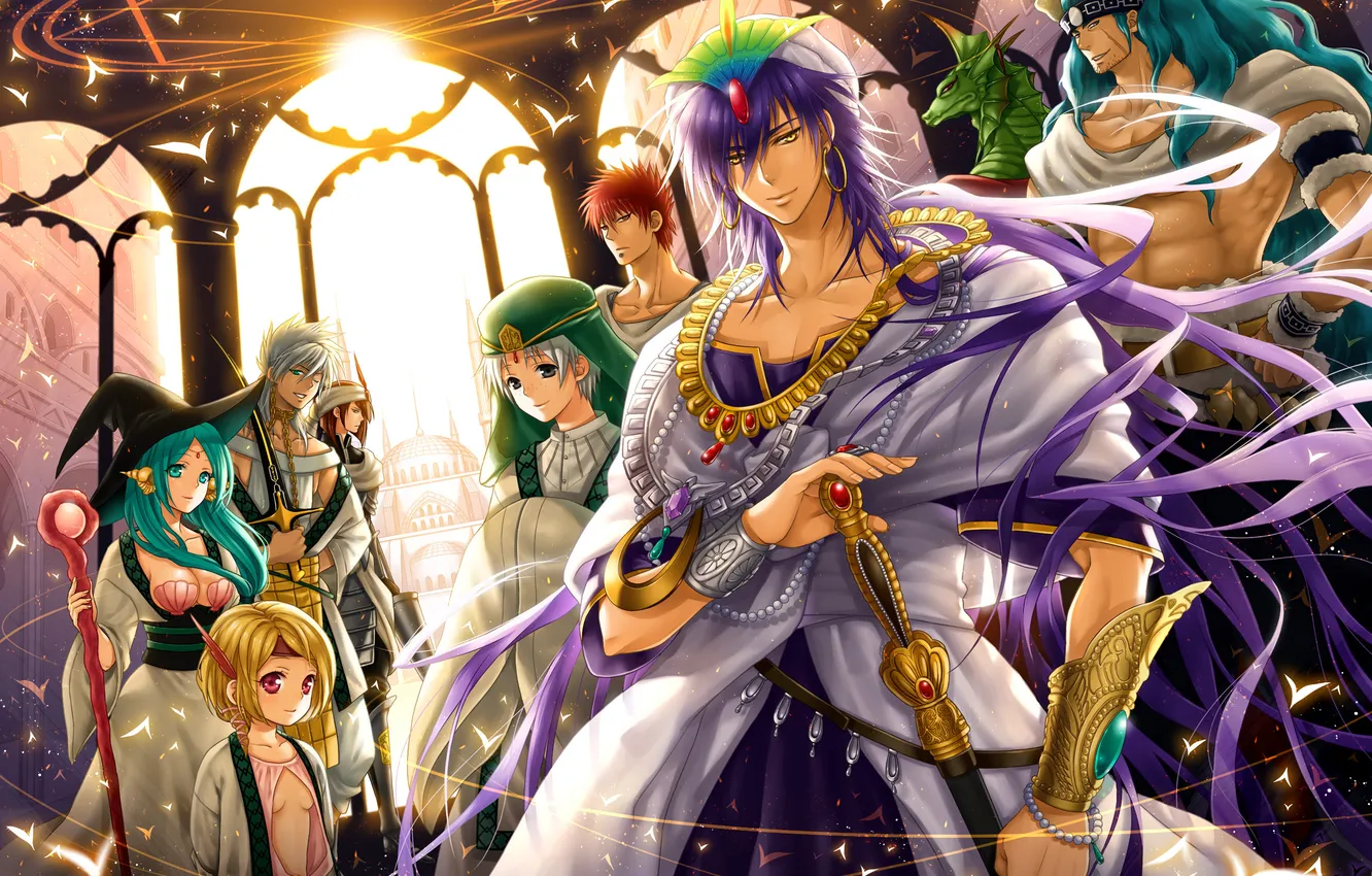 Photo wallpaper girl, art, guy, company, Palace, magi the labyrinth of magic, yamuraiha, sinbad
