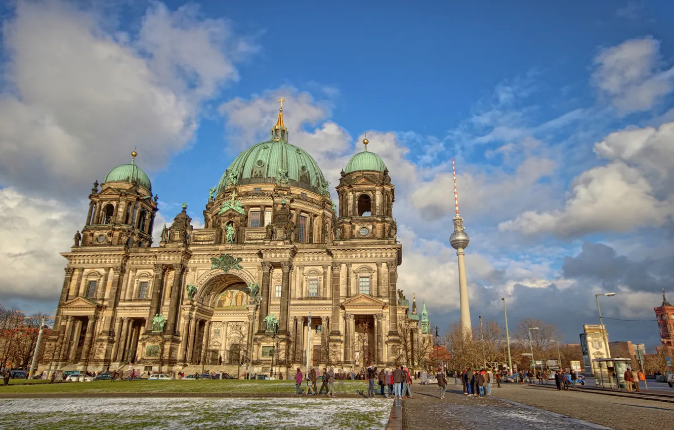 Photo wallpaper the sky, clouds, people, tower, Germany, Cathedral, Berlin