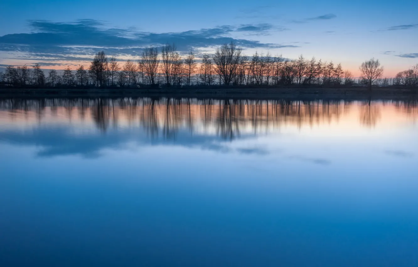 Photo wallpaper the sky, water, clouds, trees, sunset, lake, surface, reflection
