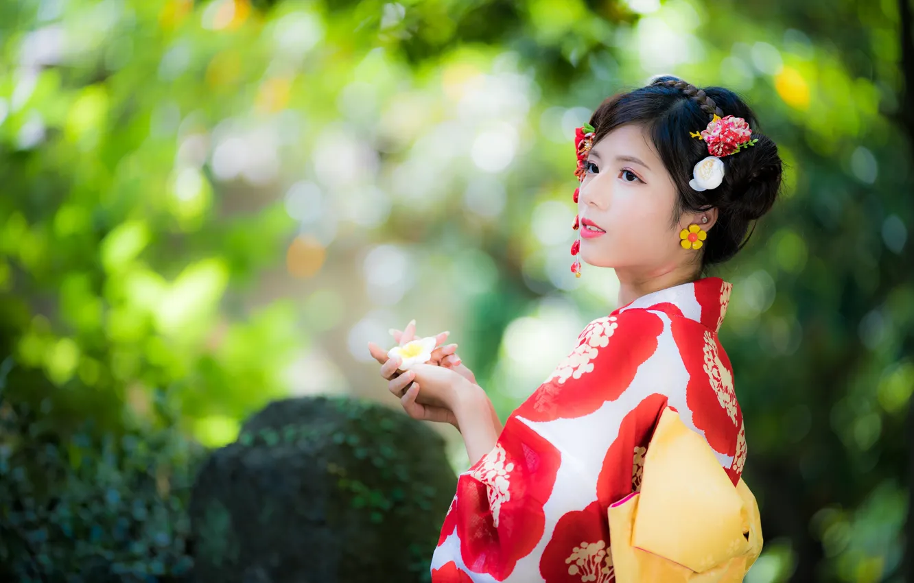 Photo wallpaper girl, kimono, Asian, bokeh