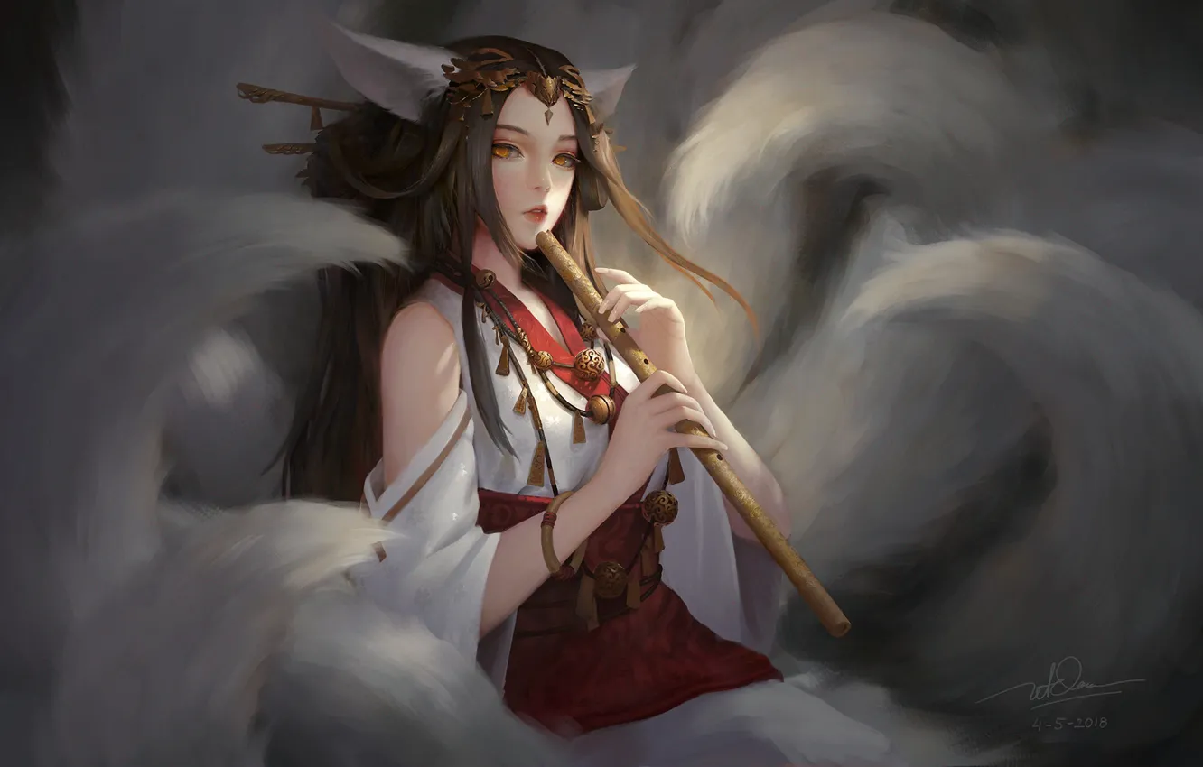 Photo wallpaper girl, tail, flute, ears