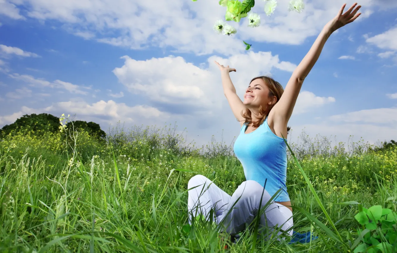 Photo wallpaper greens, the sky, grass, clouds, joy, happiness, flowers, smile
