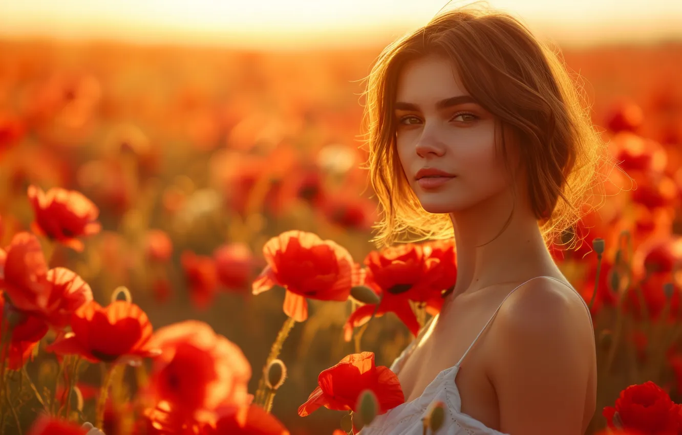 Photo wallpaper summer, look, girl, light, flowers, red, Maki, portrait