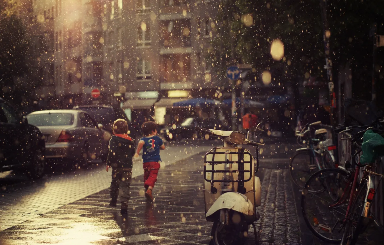 Photo wallpaper summer, asphalt, drops, children, rain, mood, Wallpaper, street