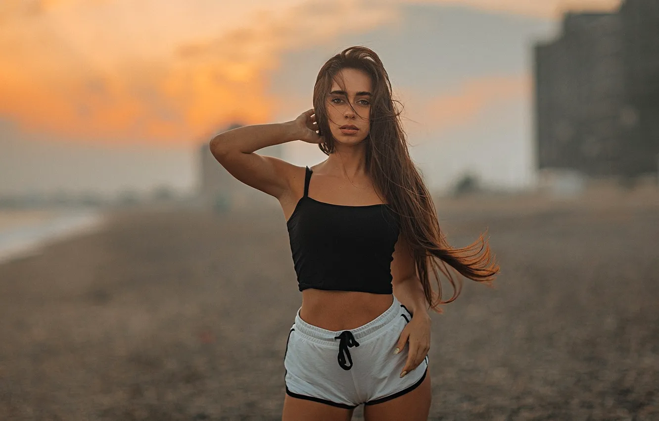 Photo wallpaper beach, look, pose, background, model, shorts, portrait, makeup