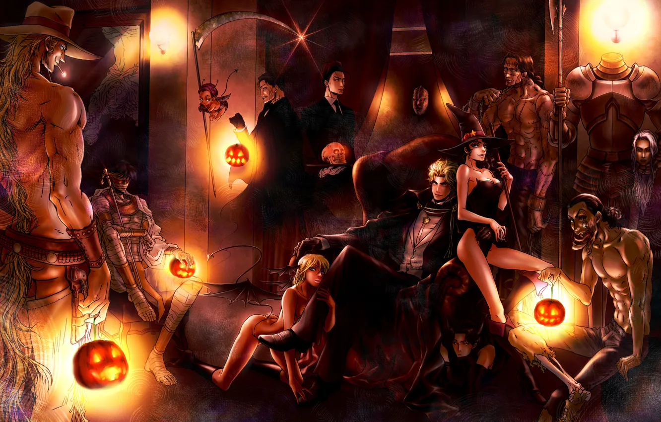 Photo wallpaper girls, room, skull, chair, hat, the demon, art, monsters