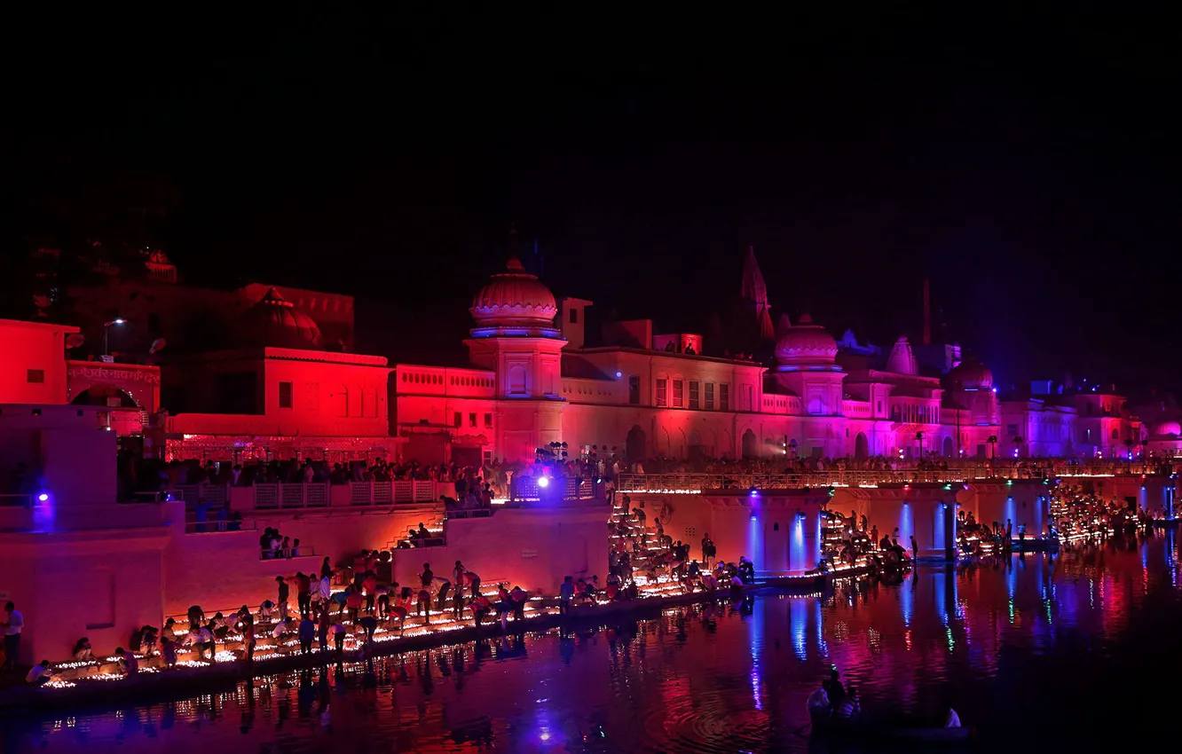 Photo wallpaper night, lights, India, river Barn, Ayodhya