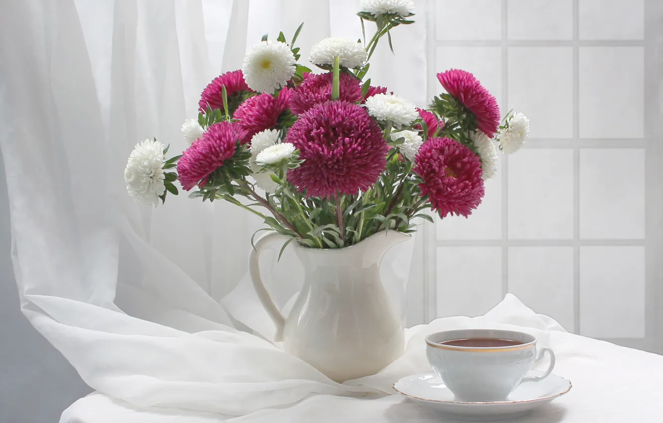 Photo wallpaper white, flowers, table, Cup, curtains, vase, drink, still life