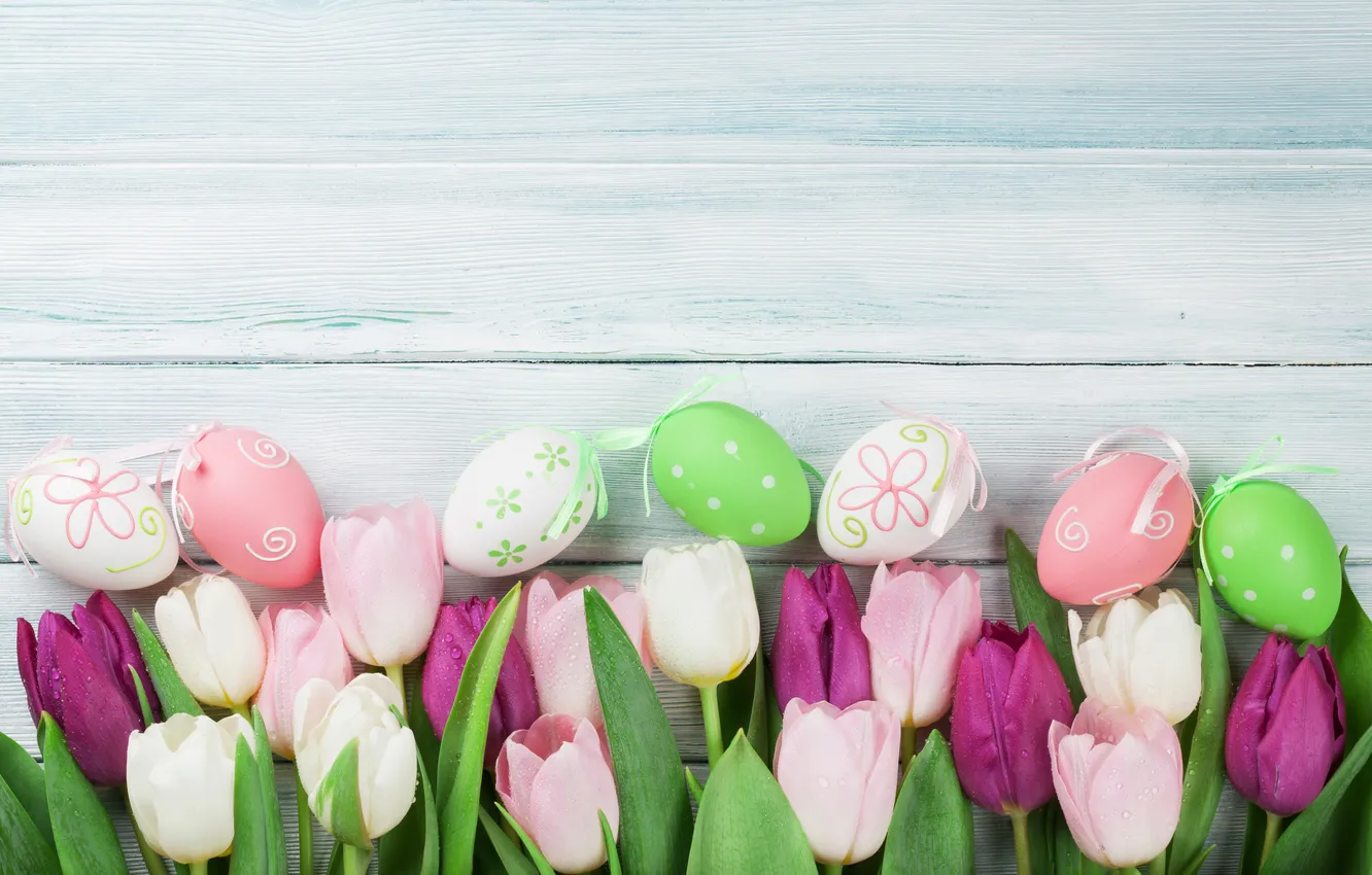 Photo wallpaper flowers, eggs, spring, colorful, Easter, tulips, wood, pink