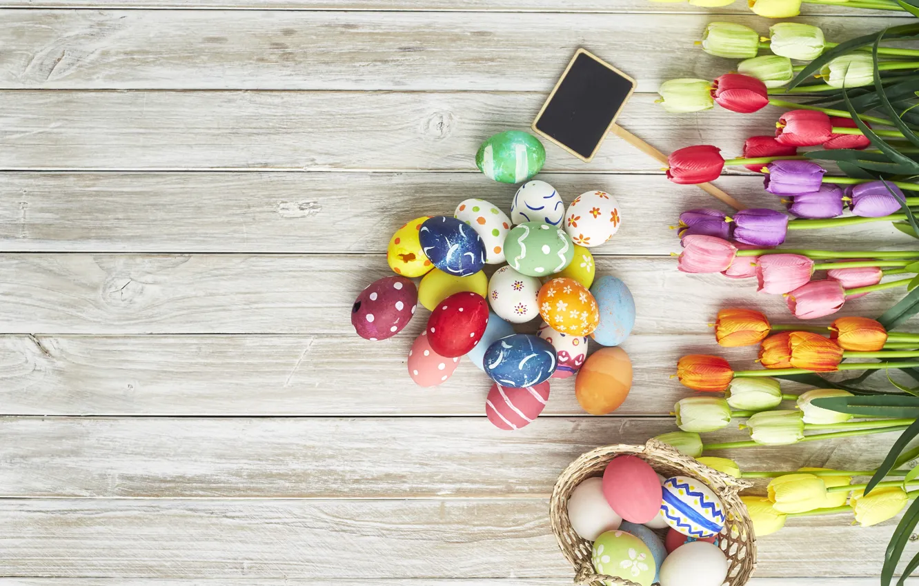 Photo wallpaper flowers, eggs, spring, colorful, Easter, tulips, wood, flowers
