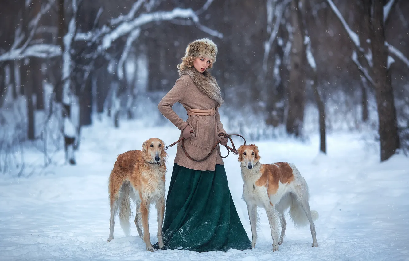 Photo wallpaper winter, dogs, girl, snow, pose, Nastya, Anastasia Barmina