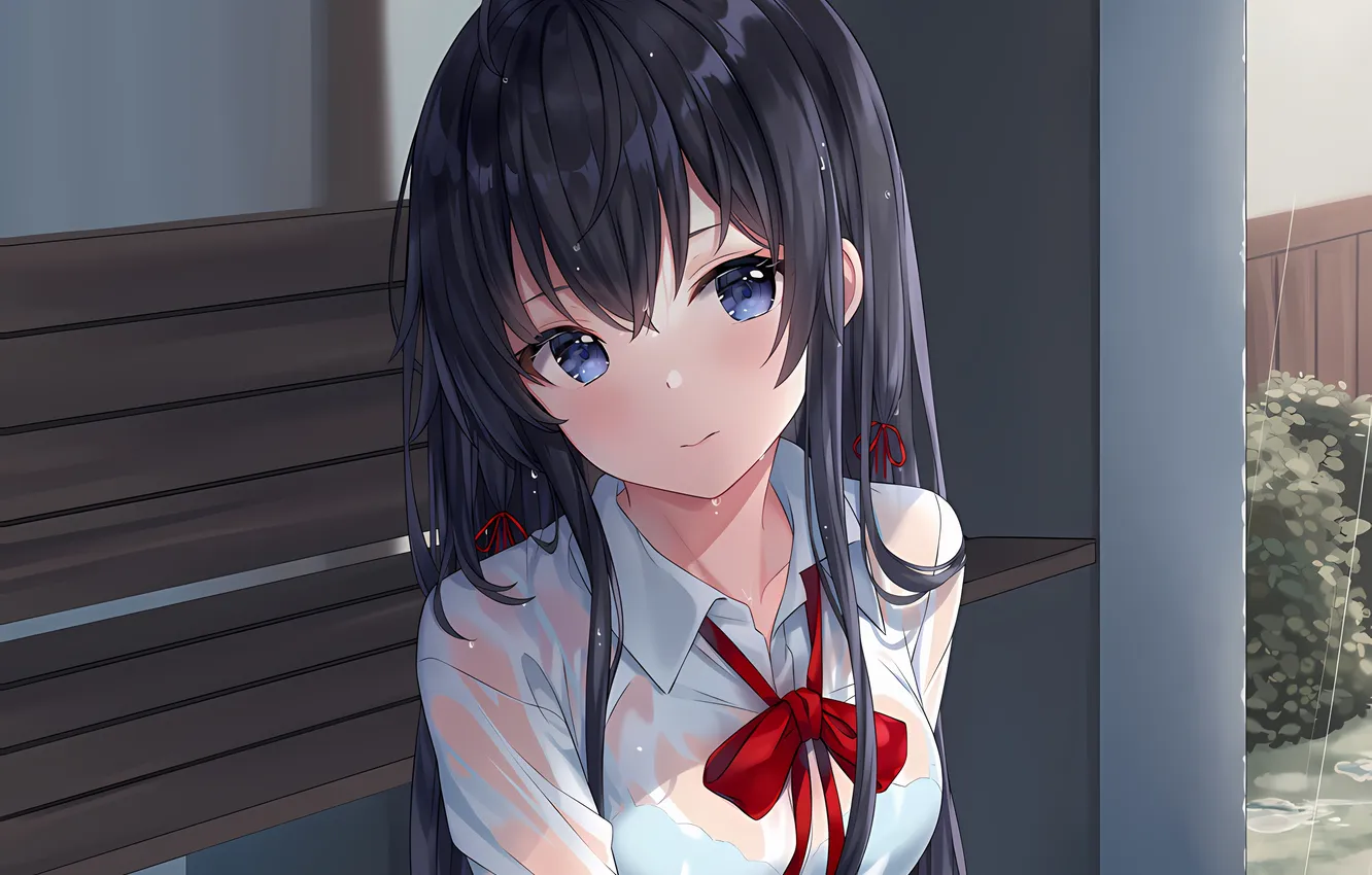 Photo wallpaper girl, sexy, wet, school uniform, rain, long hair, boobs, anime