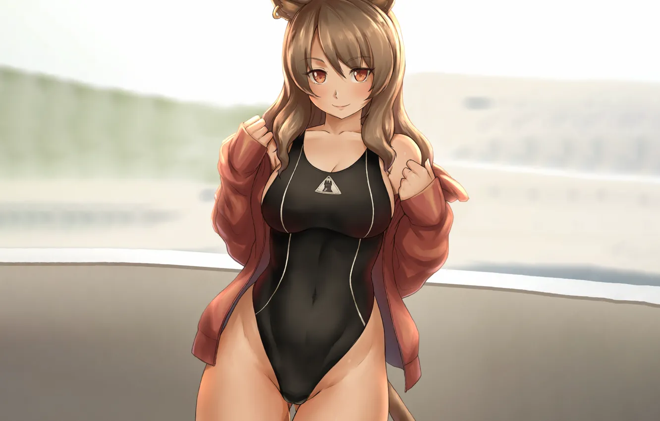 Photo wallpaper girl, sexy, cleavage, long hair, brown hair, brown eyes, boobs, animal ears