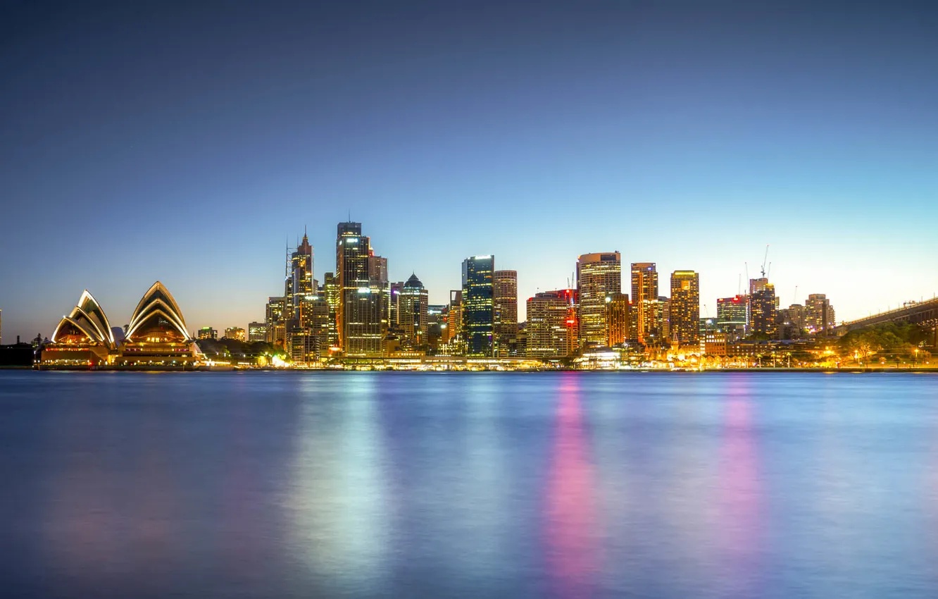 Photo wallpaper sea, bridge, reflection, mirror, horizon, Australia, Sydney, blue sky