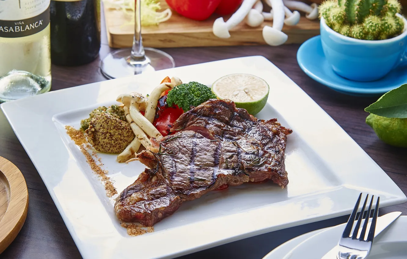 Photo wallpaper meat, lime, broccoli, asparagus, grill