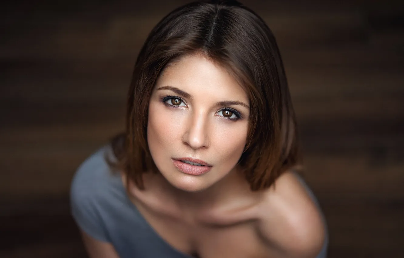 Photo wallpaper look, girl, face, model, portrait, makeup, brown hair, bokeh