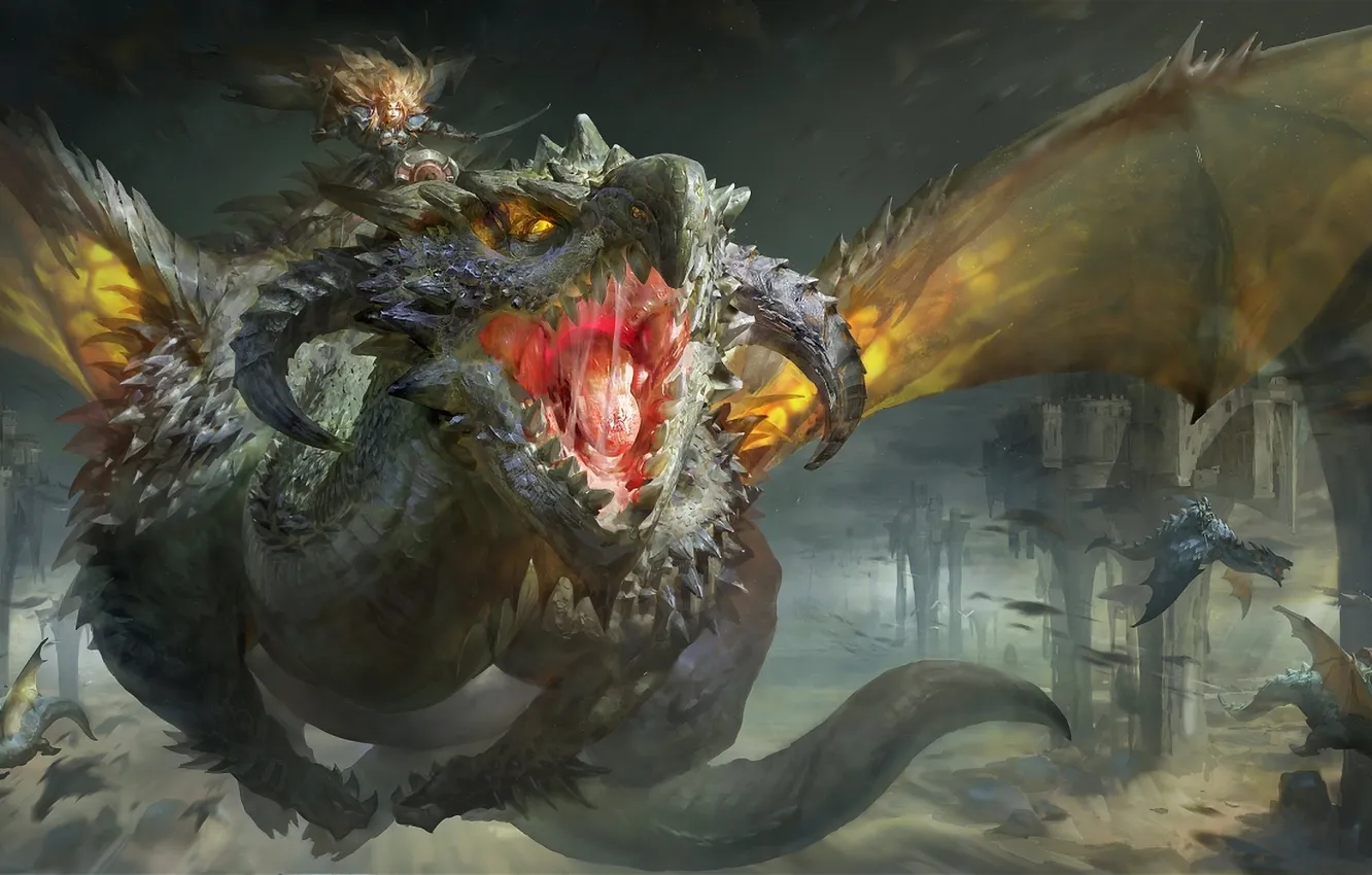 Photo wallpaper flight, rocks, dragon, mouth, warrior, roar