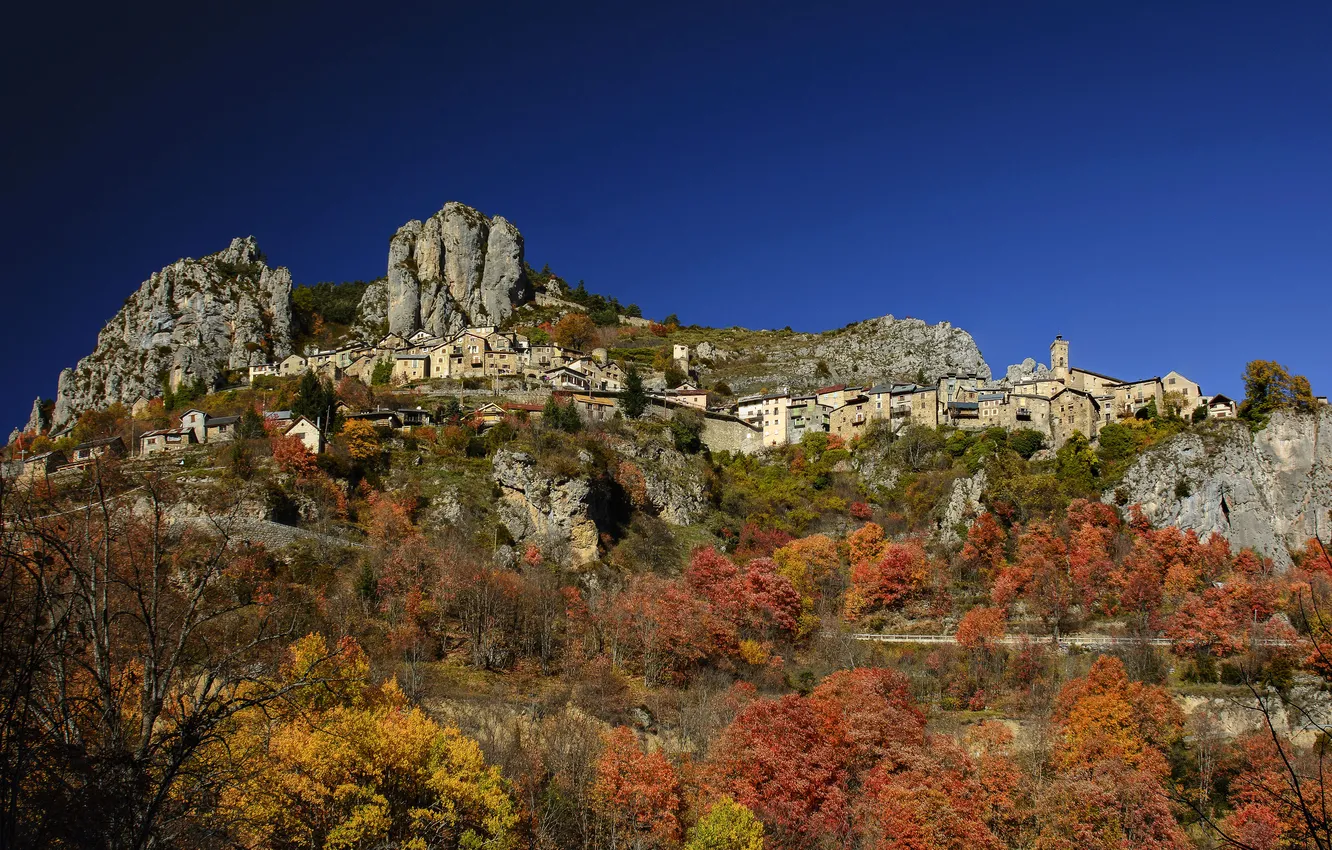 Photo wallpaper autumn, mountains, rocks, France, home, Roubion