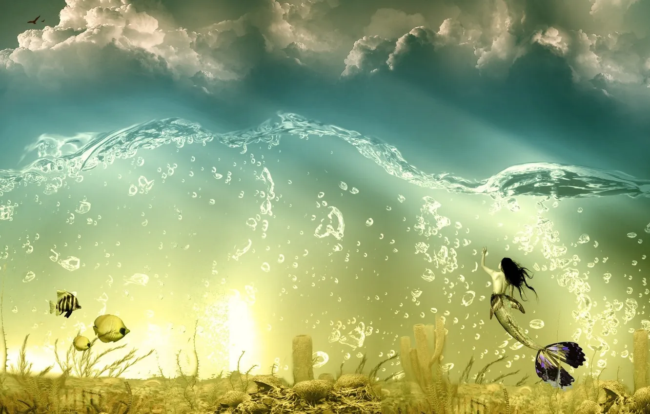 Photo wallpaper the sky, water, clouds, fish, algae, bubbles, collage, mermaid